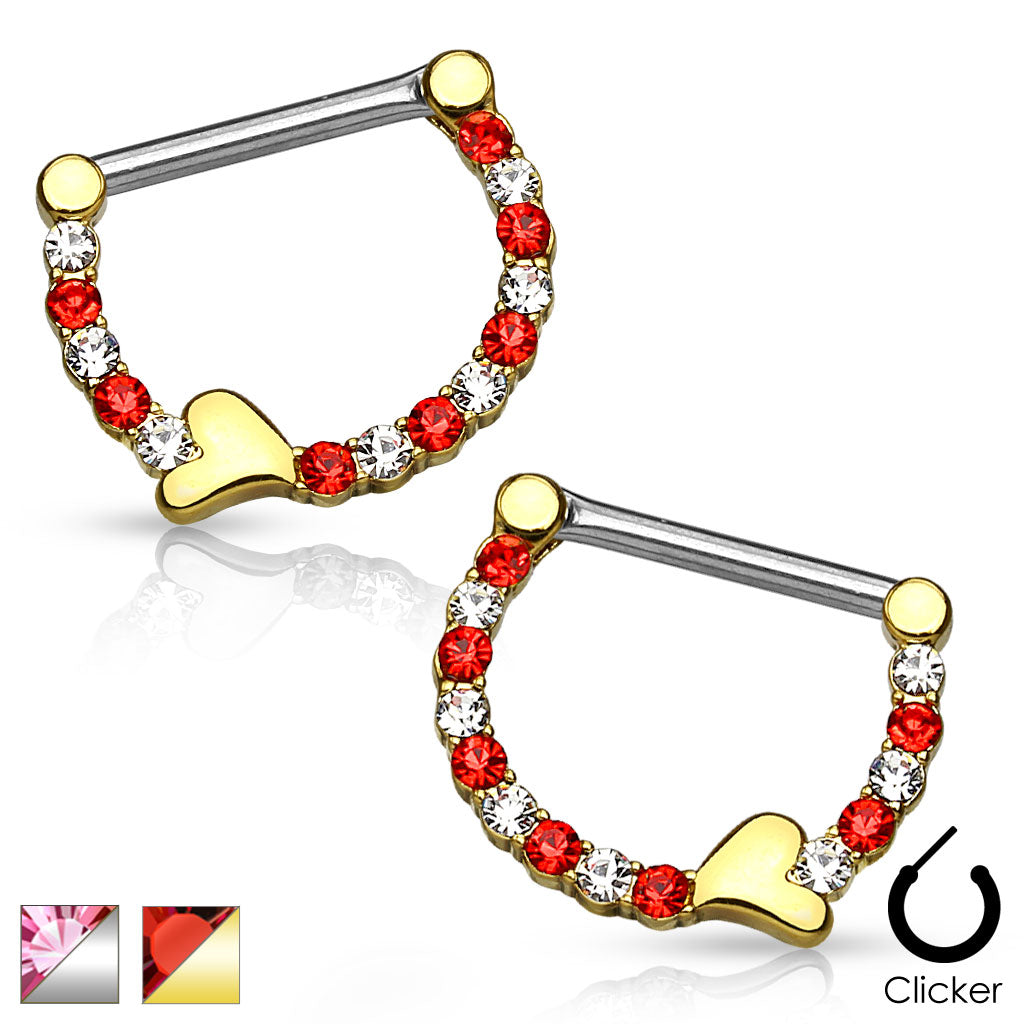 GOLD & RED CRYSTAL JEWELLED CLICKER NIPPLE RING WITH DAINTY LOVE HEART DESIGN - 14 GAUGE - 12MM