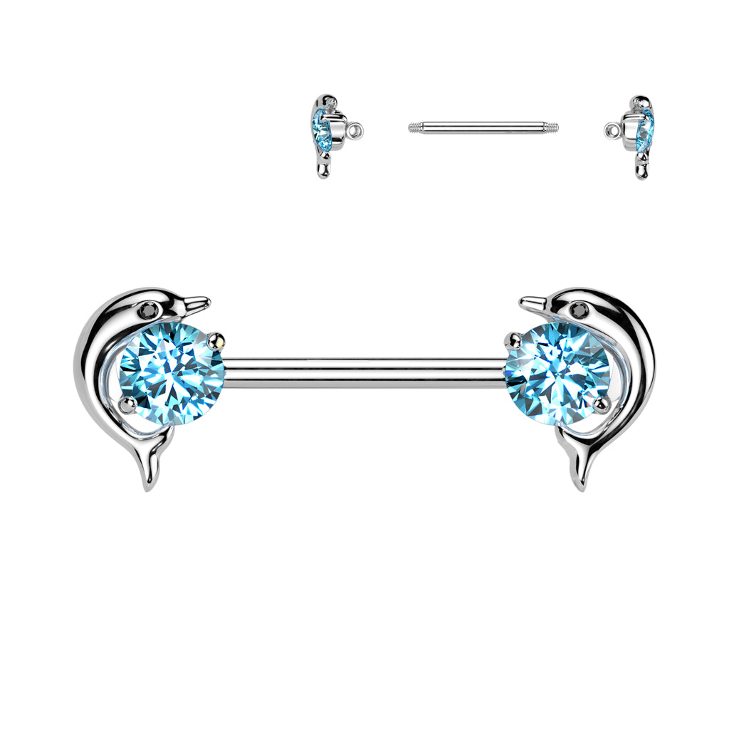 BLUE CRYSTAL DOLPHIN NIPPLE BARBELL - 14MM - 14 GAUGE