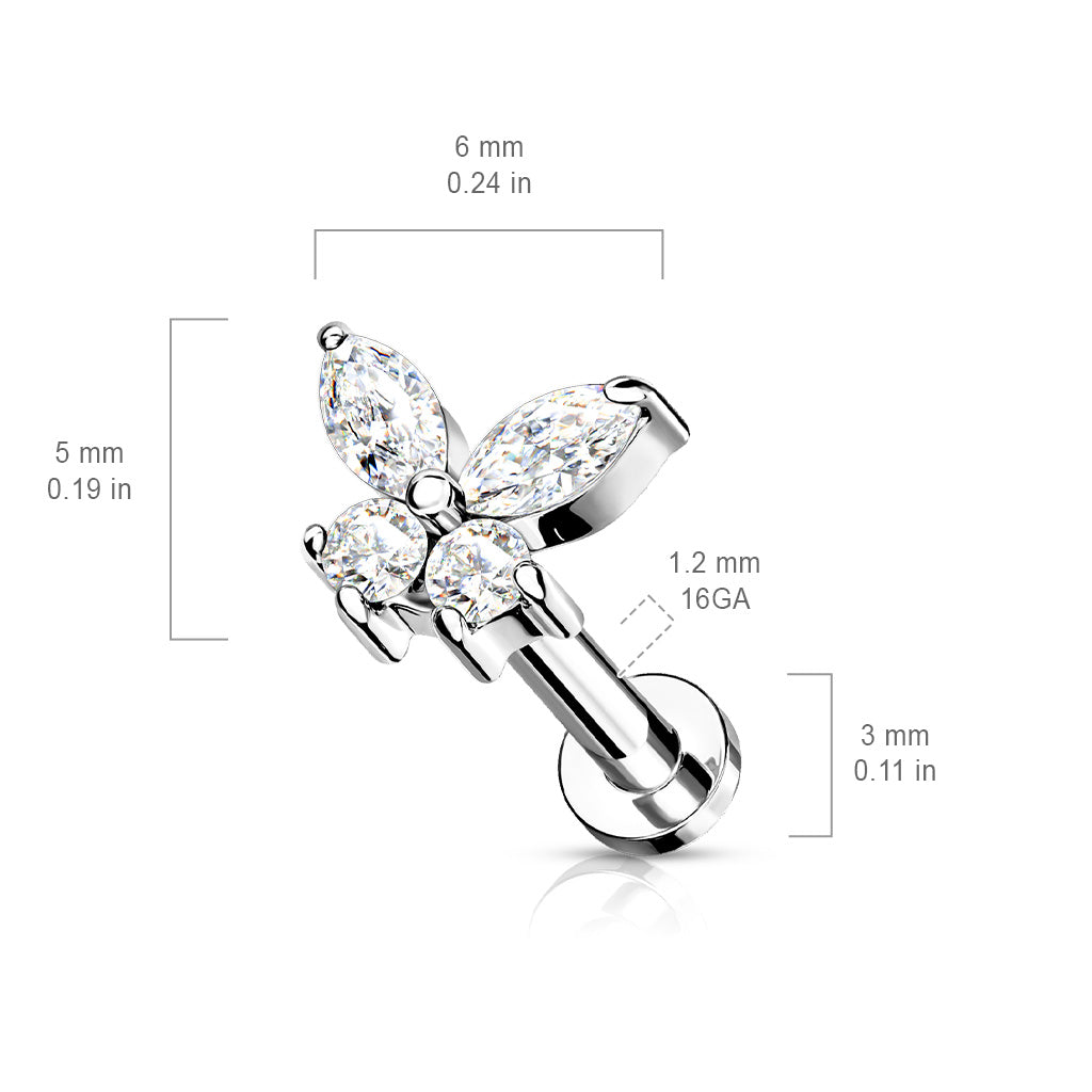 AQUA BLUE CRYSTAL DAINTY BUTTERFLY FLAT BACK LABRET STUD - 16 GAUGE - 6MM