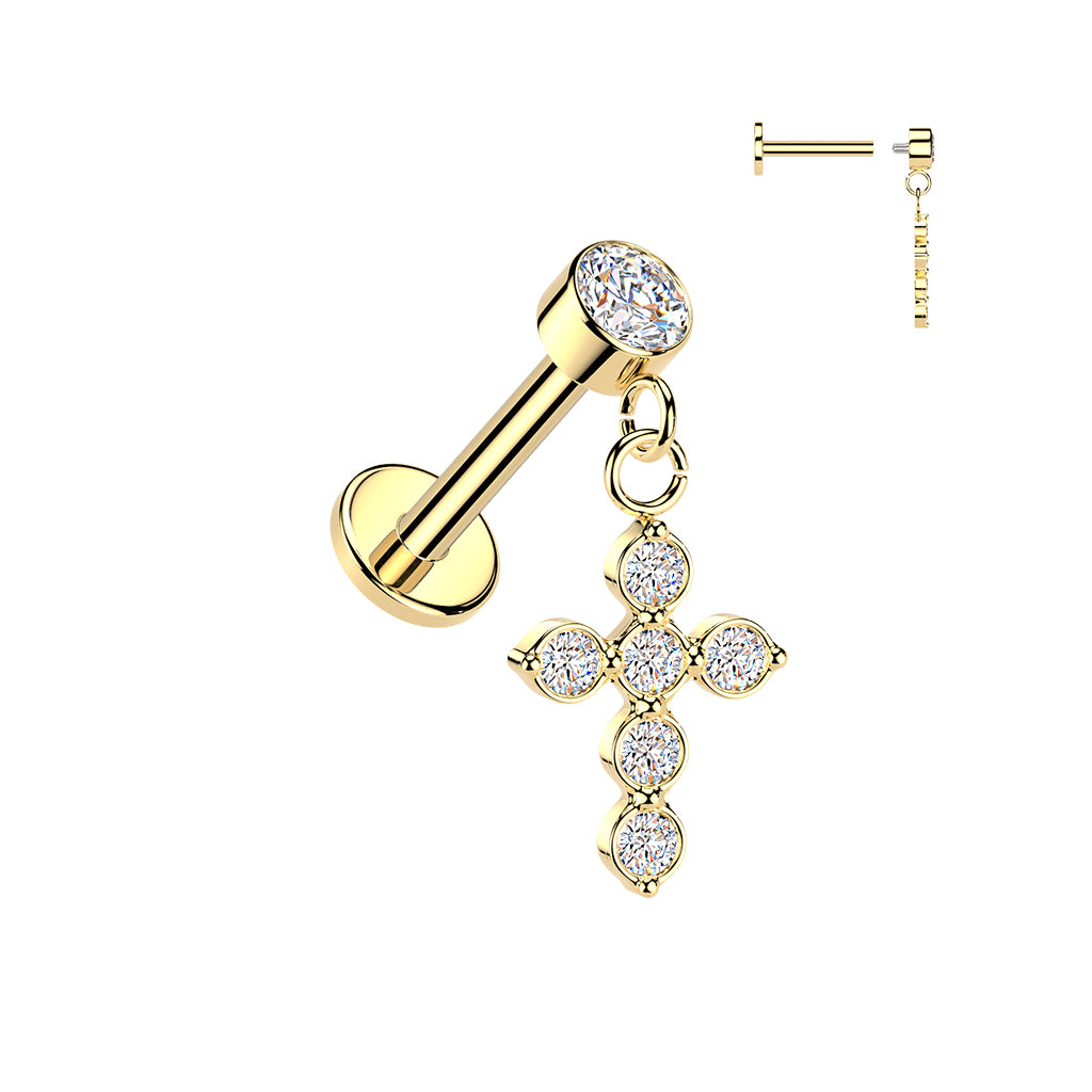CRYSTAL CROSS CHARM FLAT BACK LABRET STUD - 16 GAUGE / 1.2MM - 6MM