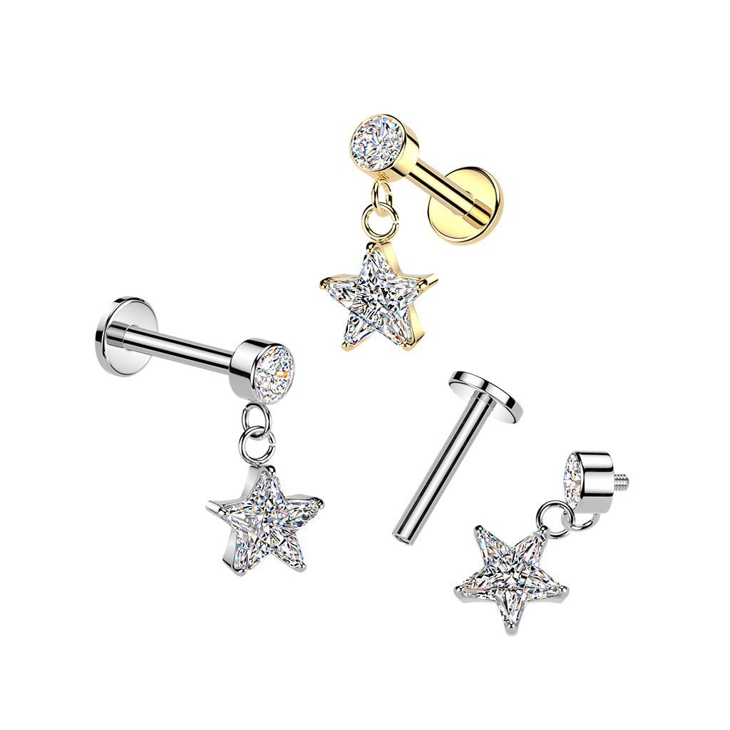 CRYSTAL STAR CHARM FLAT BACK LABRET STUD - 16 GAUGE / 1.2MM - 6MM
