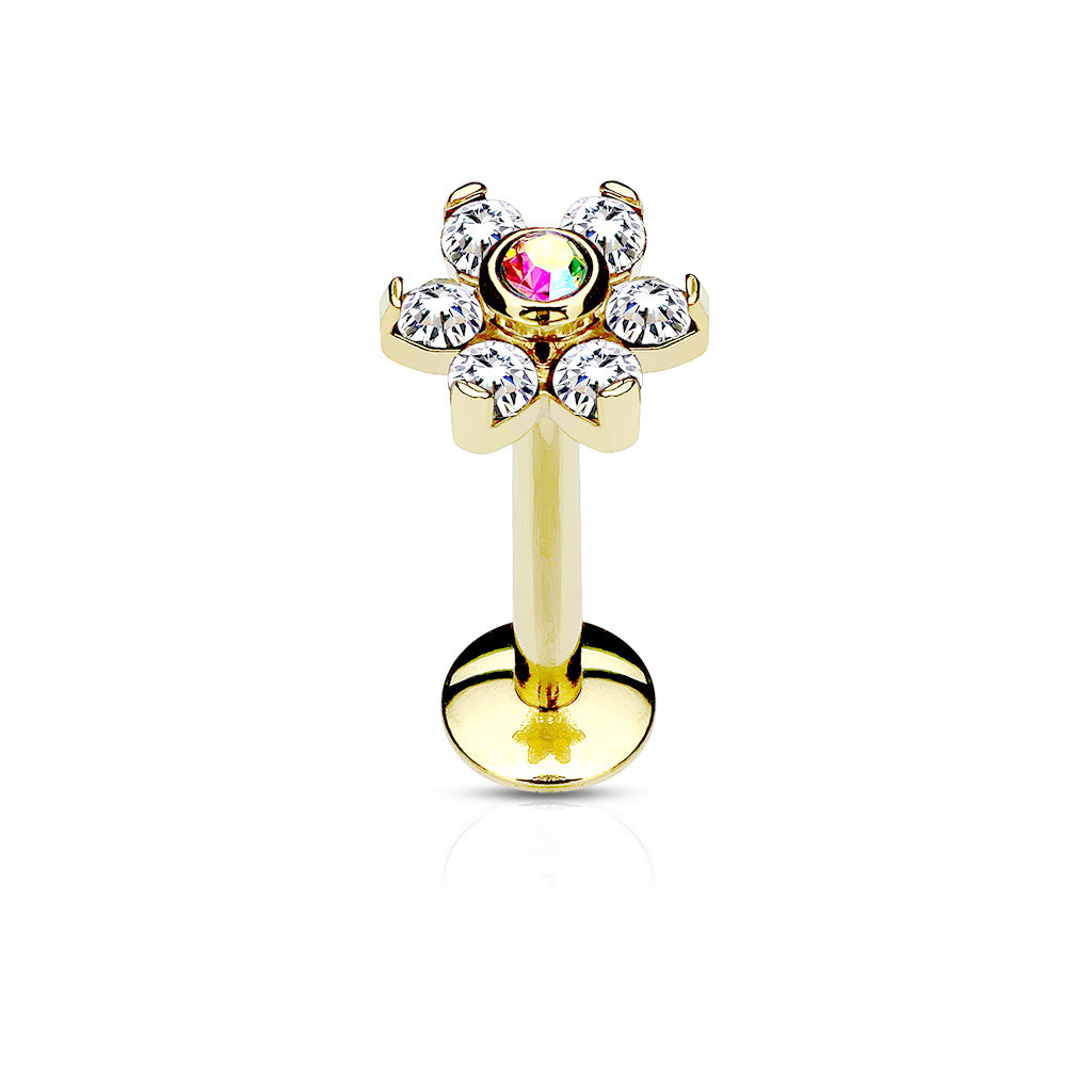 GOLD CRYSTAL FLOWER LABRET WITH AURORA CENTRE- 8MM - 16 GAUGE
