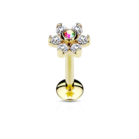 GOLD CRYSTAL FLOWER LABRET WITH AURORA CENTRE- 8MM - 16 GAUGE