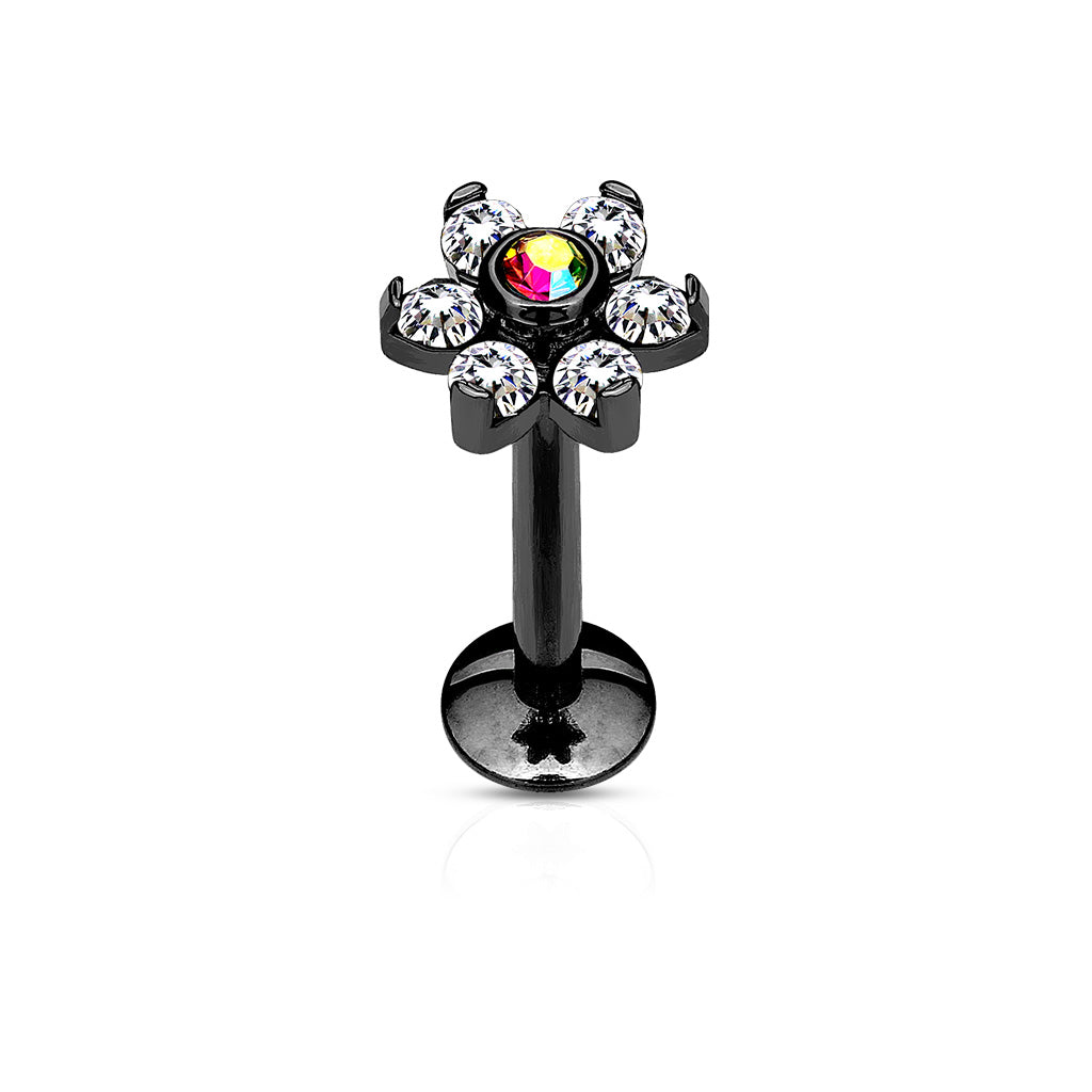 BLACK CRYSTAL FLOWER LABRET WITH AURORA CENTRE- 8MM - 16 GAUGE
