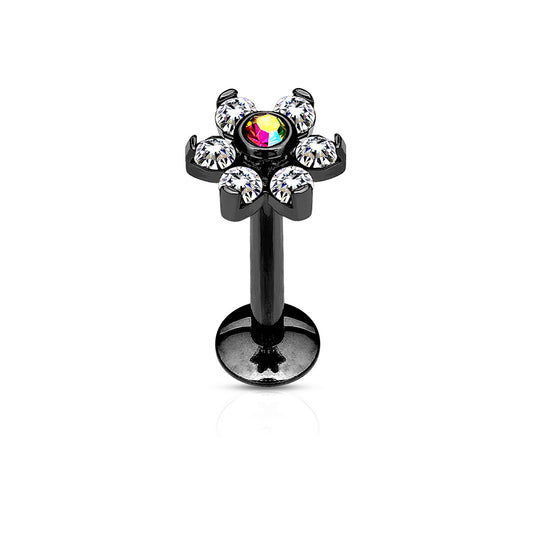 BLACK CRYSTAL FLOWER LABRET WITH AURORA CENTRE- 8MM - 16 GAUGE