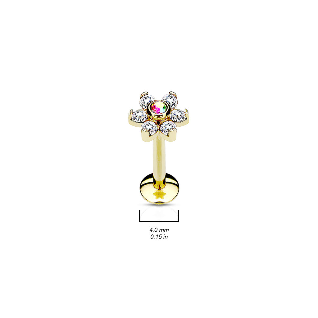 GOLD CRYSTAL FLOWER LABRET WITH AURORA CENTRE- 8MM - 16 GAUGE