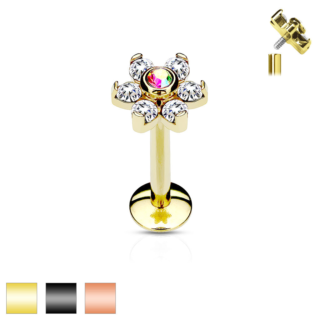 GOLD CRYSTAL FLOWER LABRET WITH AURORA CENTRE- 8MM - 16 GAUGE