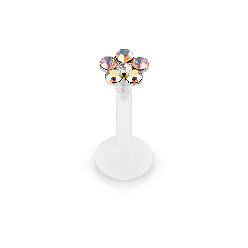 AURORA CRYSTAL FLOWER BIOFLEX FLAT BACK LABRET - 8MM - 16 GAUGE