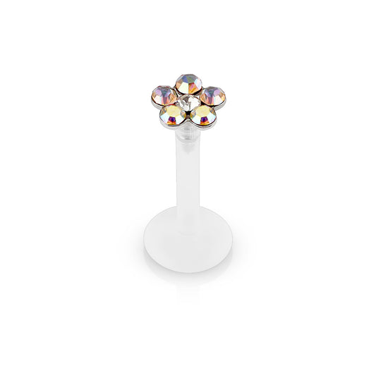 AURORA CRYSTAL FLOWER BIOFLEX FLAT BACK LABRET - 8MM - 16 GAUGE