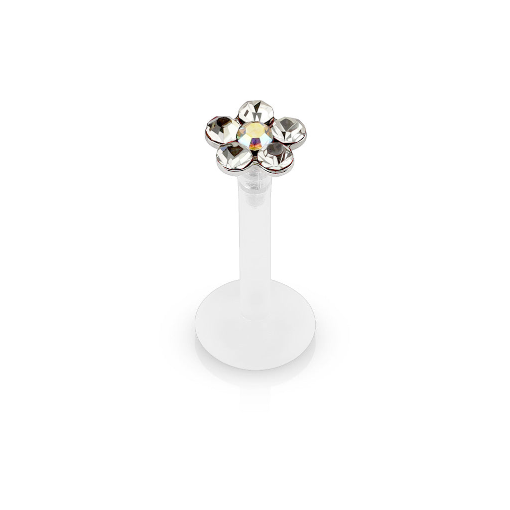 CRYSTAL FLOWER BIOFLEX FLAT BACK LABRET - 8MM - 16 GAUGE