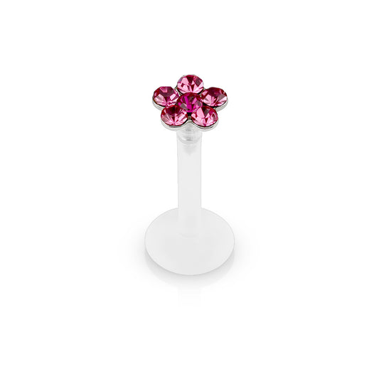 PINK CRYSTAL FLOWER BIOFLEX FLAT BACK LABRET - 8MM - 16 GAUGE