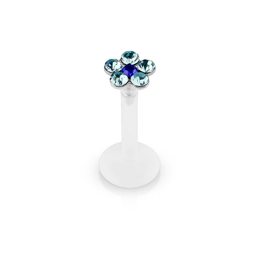 BLUE CRYSTAL FLOWER BIOFLEX FLAT BACK LABRET - 8MM - 16 GAUGE