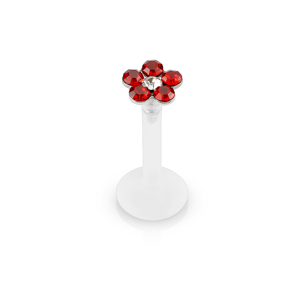 RED CRYSTAL FLOWER BIOFLEX FLAT BACK LABRET - 8MM - 16 GAUGE