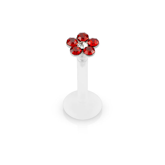 RED CRYSTAL FLOWER BIOFLEX FLAT BACK LABRET - 8MM - 16 GAUGE