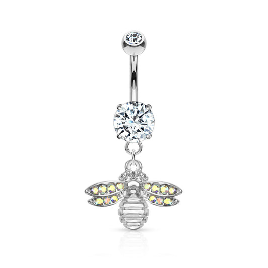 CRYSTAL BUMBLE BEE CHARM BELLY BAR - 14 GAUGE - 10MM