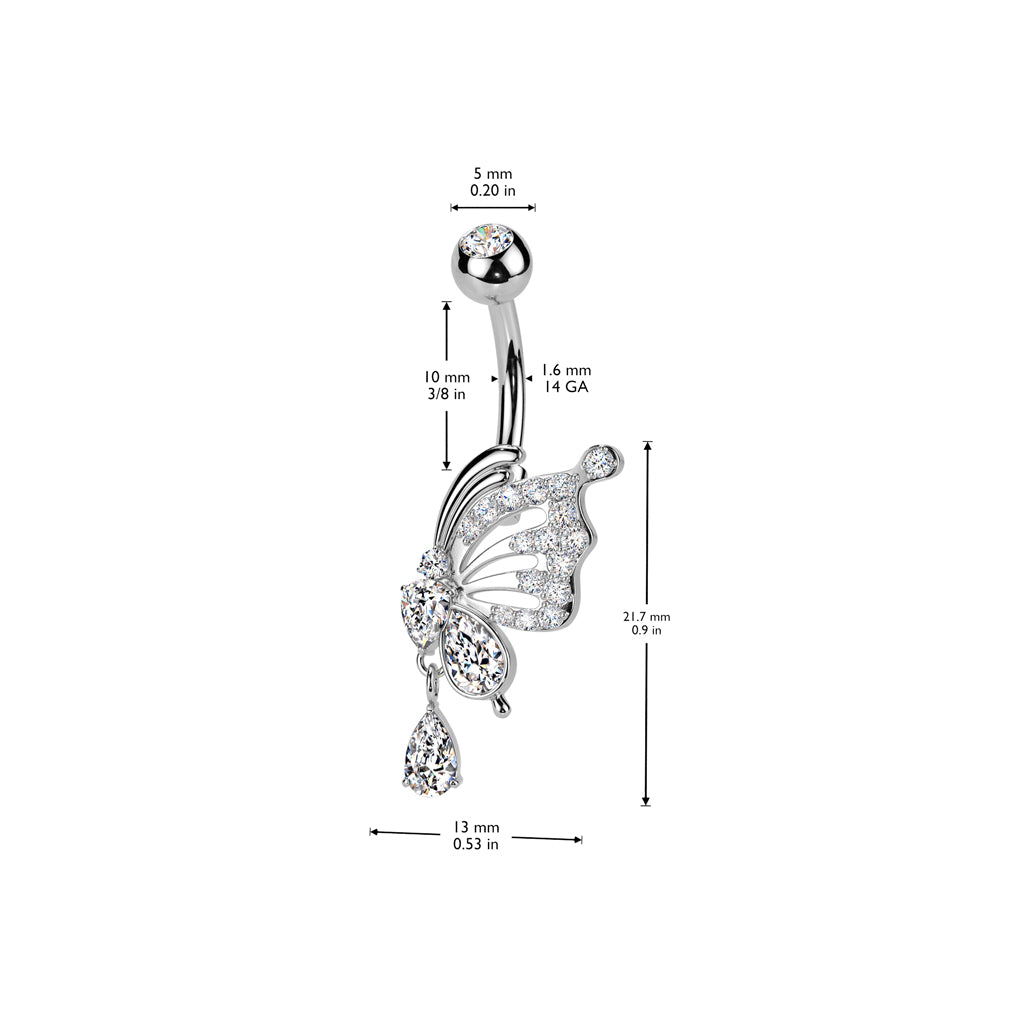 SPARKLY BUTTERFLY CRYSTAL WING BELLY BAR - 14 GAUGE - 10MM