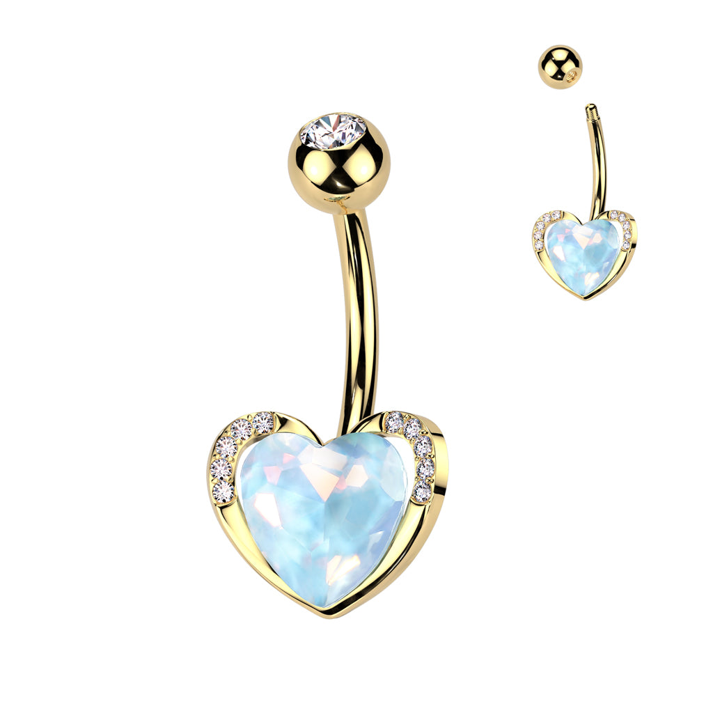GOLD AQUA AURORA CRYSTAL LOVE HEART BELLY BAR -10MM