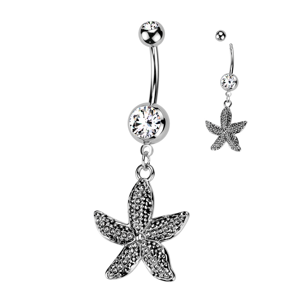 CRYSTAL STAR FISH DANGLY CHARM BELLY BAR - 10MM - 14 GAUGE