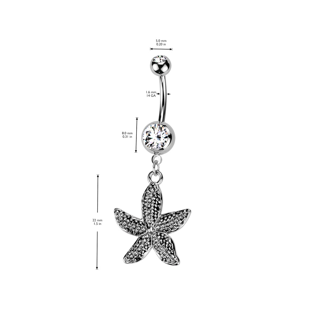 CRYSTAL STAR FISH DANGLY CHARM BELLY BAR - 10MM - 14 GAUGE