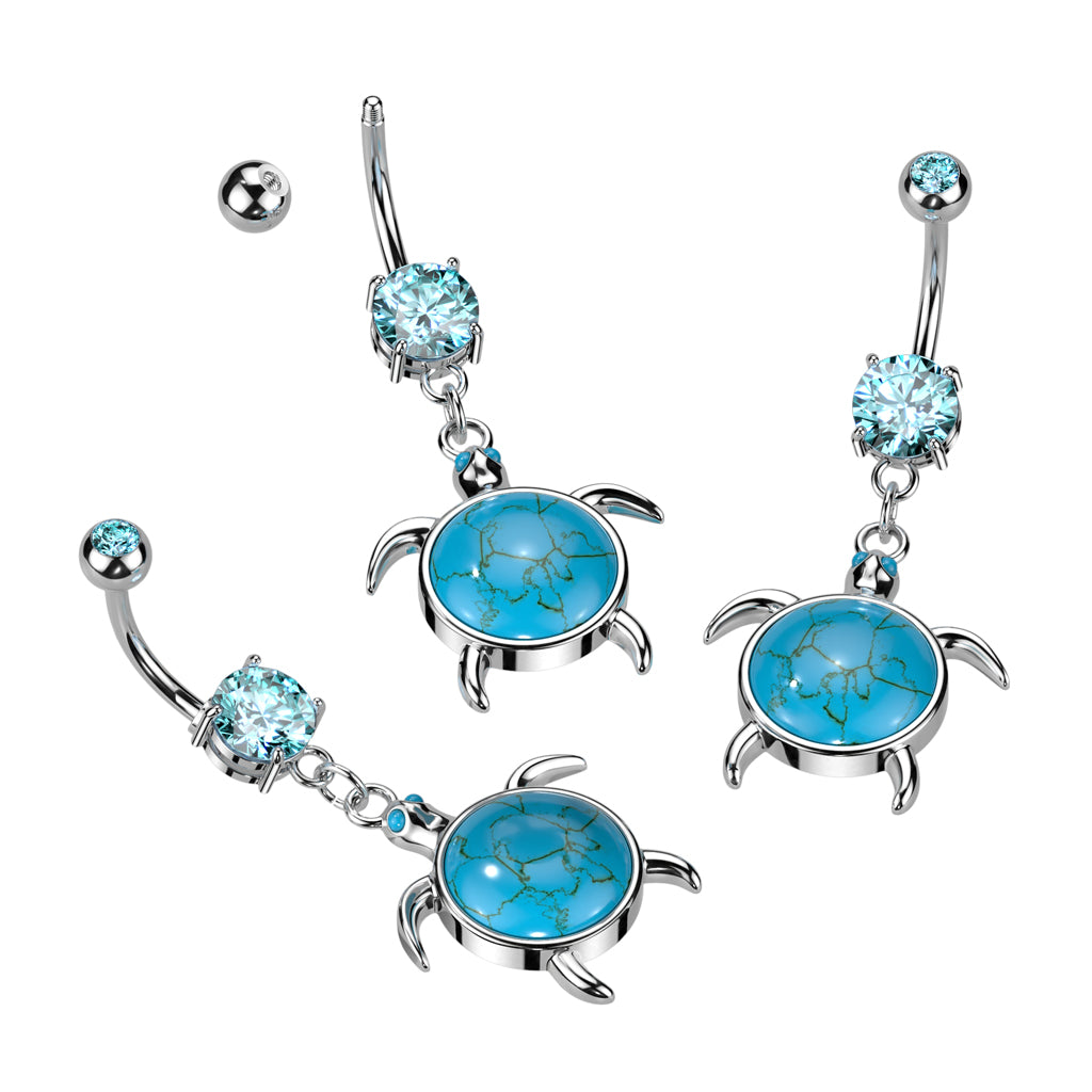 TURQUOISE TURTLE CHARM BELLY BAR - 10MM - 14 GAUGE