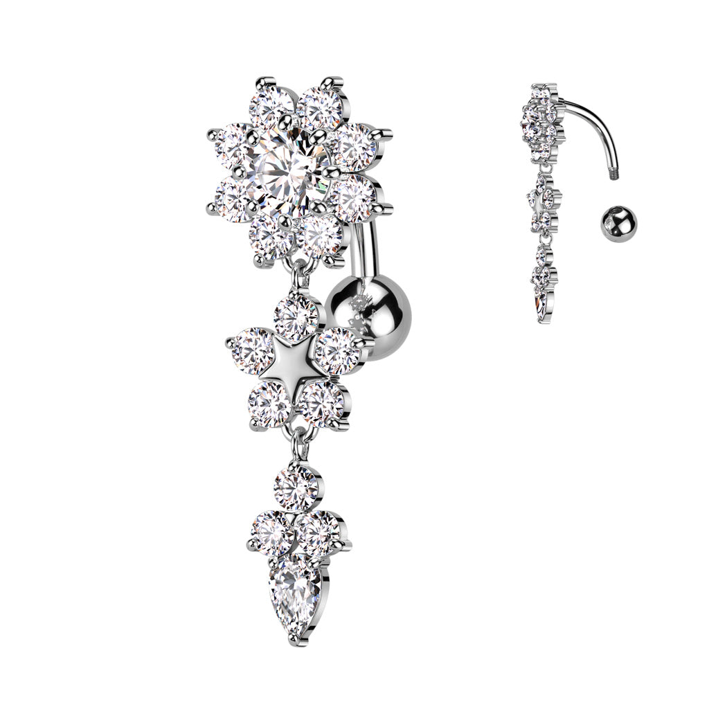 CRYSTAL FLOWER DANGLE REVERSE BELLY BAR - 10MM
