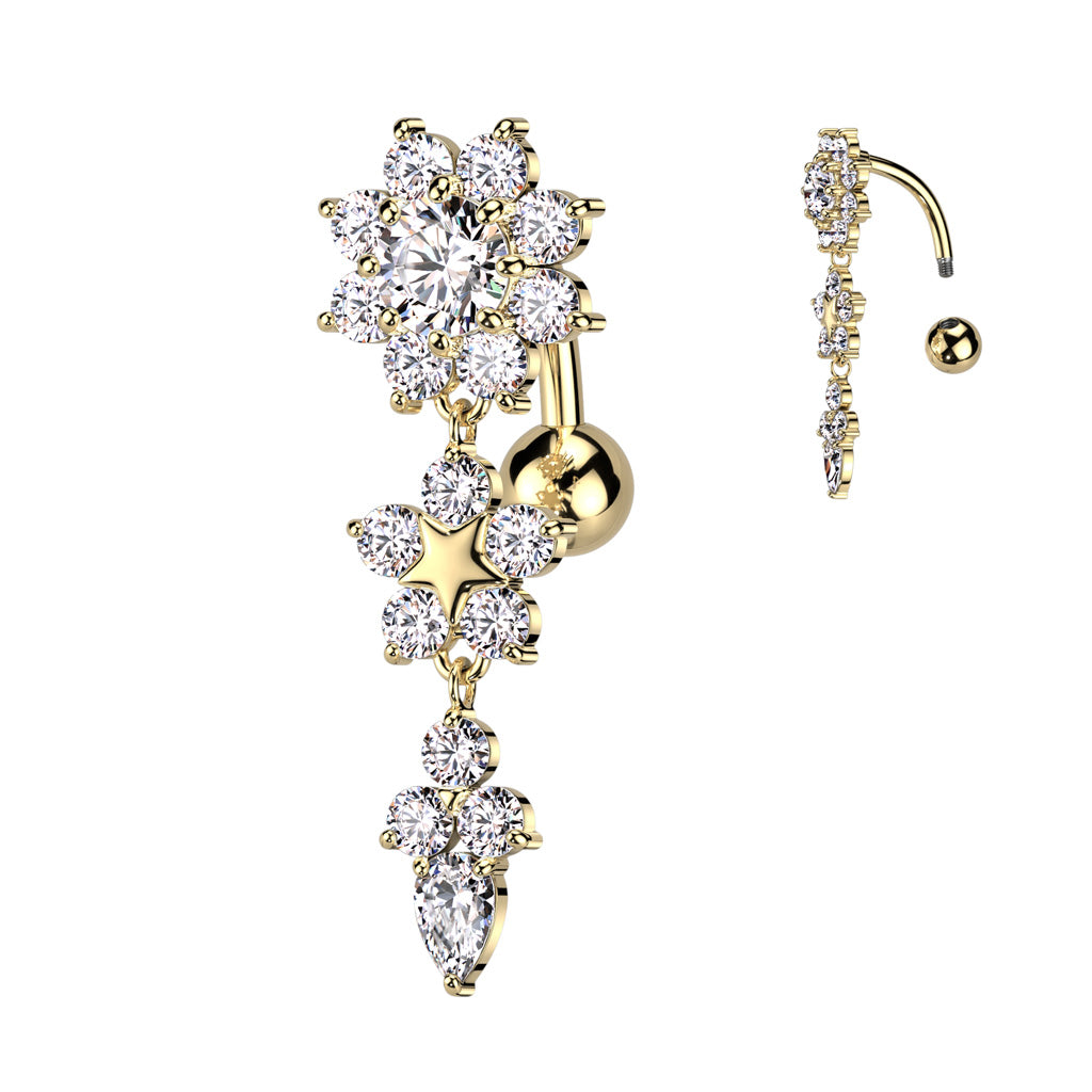 CRYSTAL FLOWER DANGLE REVERSE BELLY BAR - 10MM
