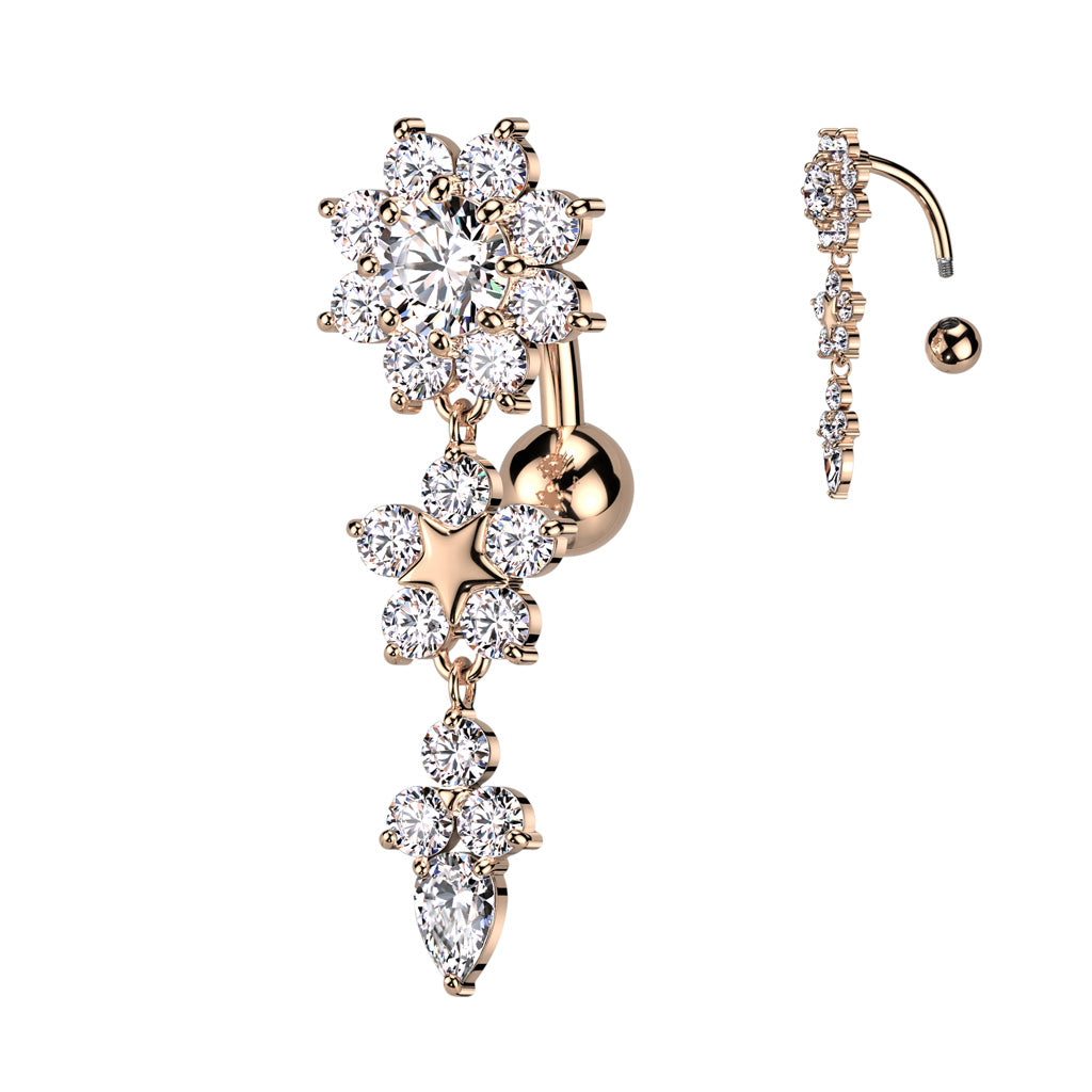 CRYSTAL FLOWER DANGLE REVERSE BELLY BAR - 10MM