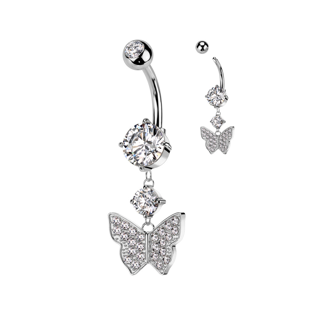 SILVER DANGLY CRYSTAL BUTTERFLY CHARM BELLY BAR - 10MM - 14 GAUGE