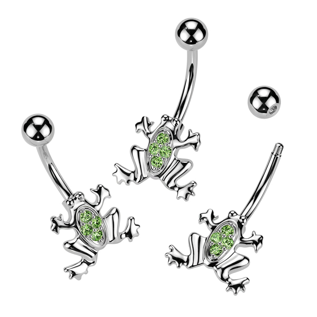 GREEN CRYSTAL JEWELLED CUTE FROG BELLY BAR - 10MM - 14 GAUGE