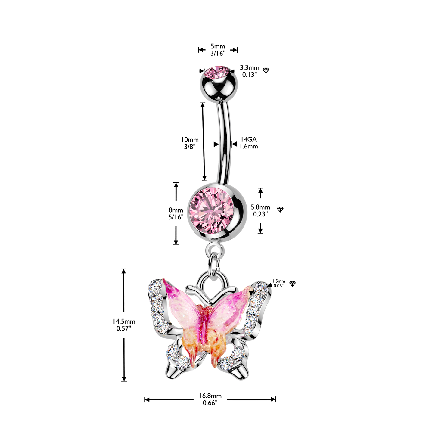 SILVER & PINK JEWELLED CRYSTAL BUTTERFLY BELLY BAR - 14 GAUGE- 10MM