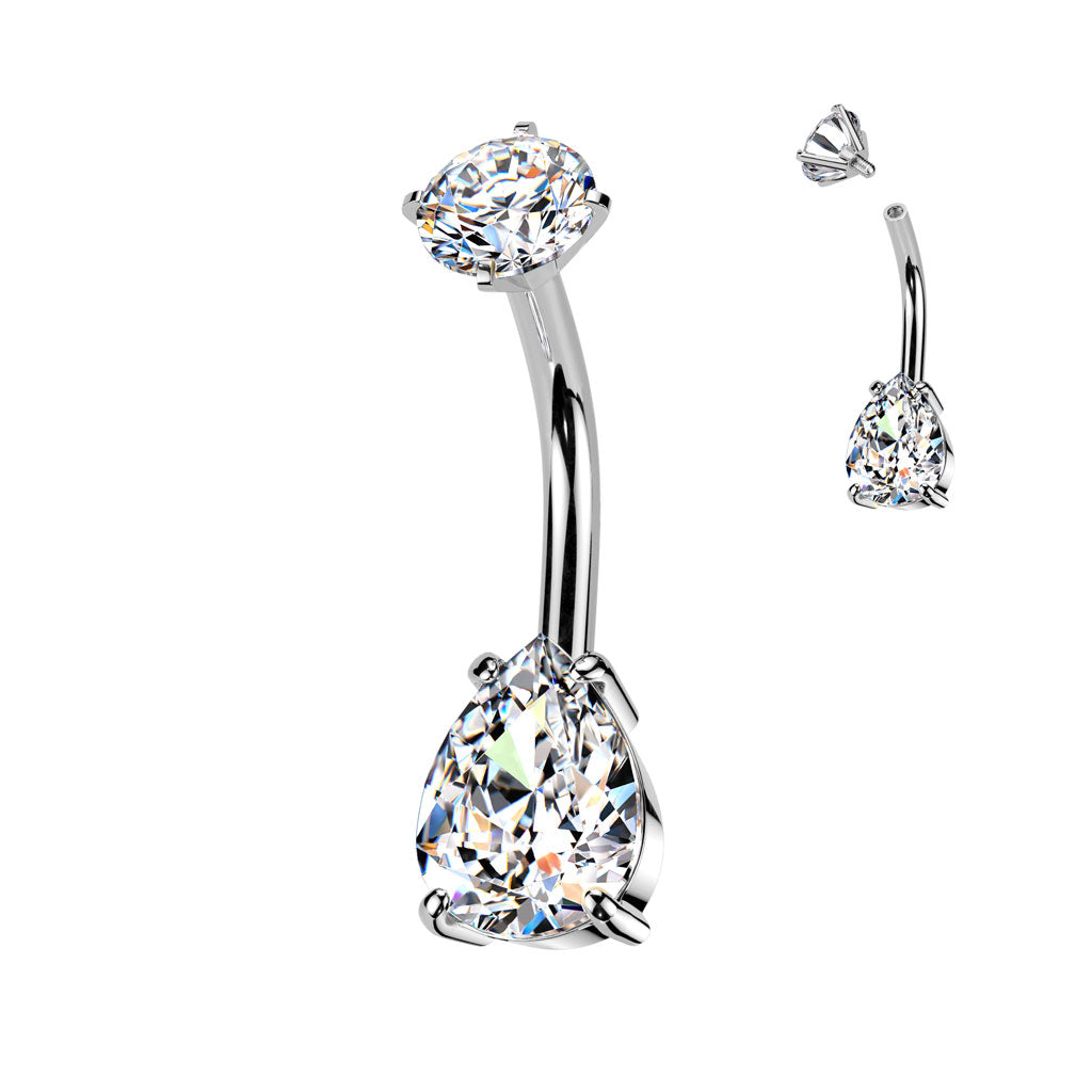 DOUBLE CRYSTAL TEARDROP BELLY BAR - 10MM - 14 GAUGE