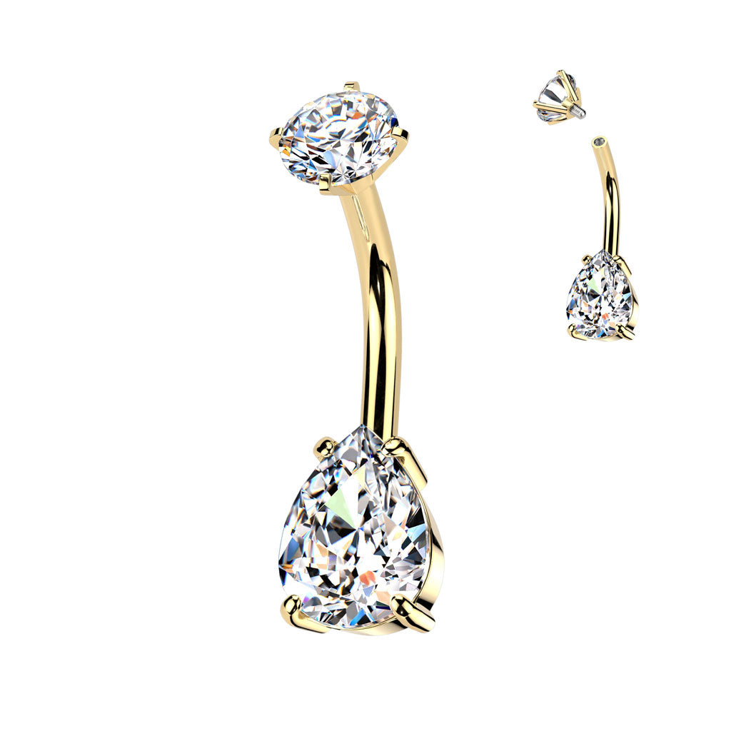DOUBLE CRYSTAL TEARDROP BELLY BAR - 10MM - 14 GAUGE