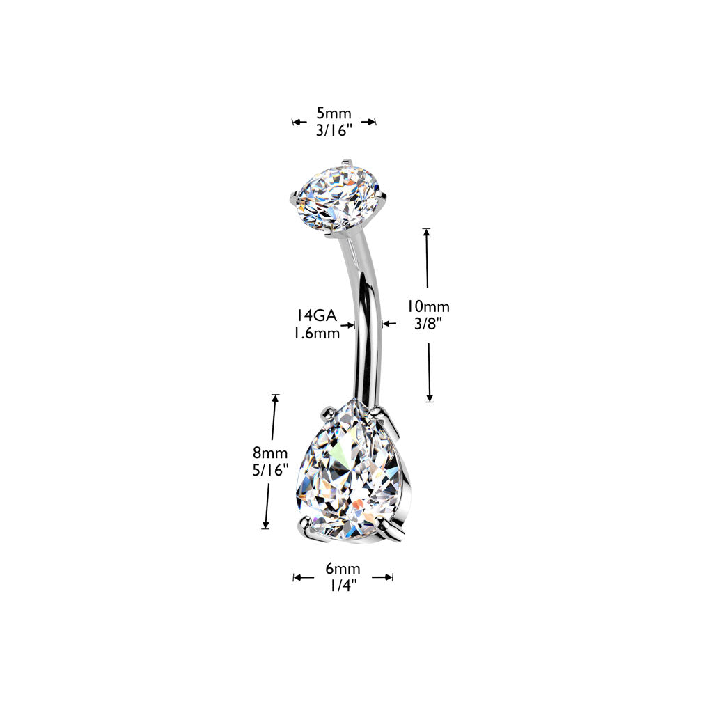 DOUBLE CRYSTAL TEARDROP BELLY BAR - 10MM - 14 GAUGE