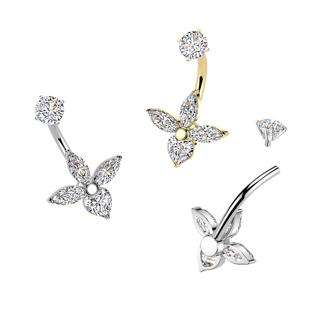 SILVER MARQUISE & CRYSTAL HEART BELLY BAR - 14 GAUGE - 14MM