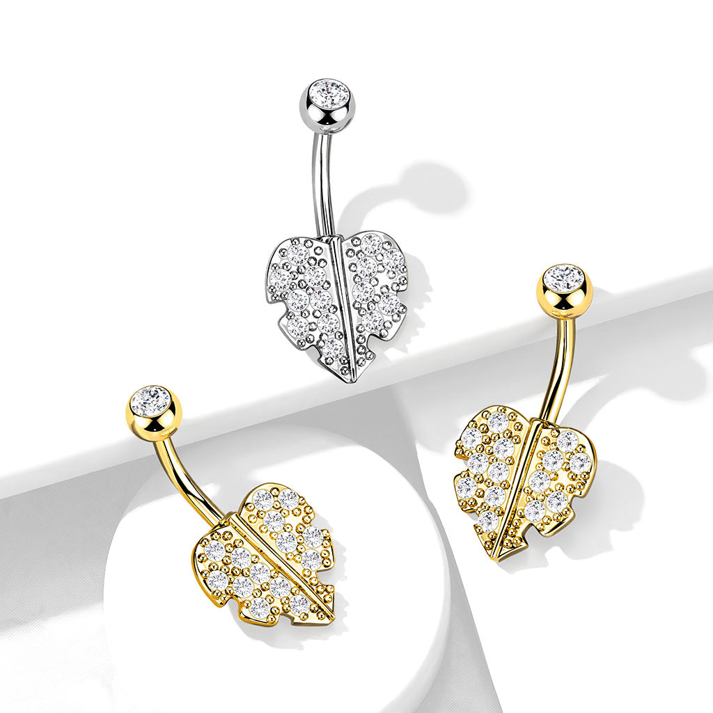 CRYSTAL PALM TREE LEAF BELLY BAR - 10MM - 14 GAUGE