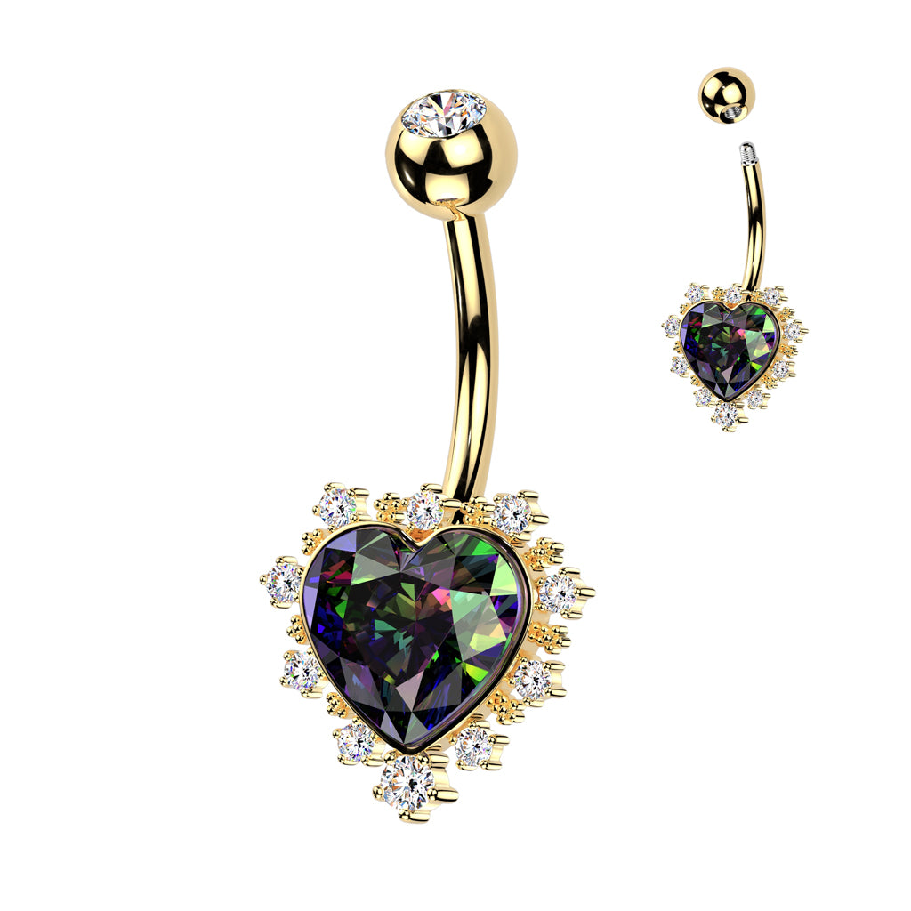 GOLD RAINBOW VITRAIL CRYSTAL LOVE HEART BELLY BAR - 10MM - 14 GAUGE