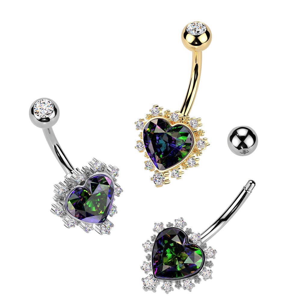 GOLD RAINBOW VITRAIL CRYSTAL LOVE HEART BELLY BAR - 10MM - 14 GAUGE