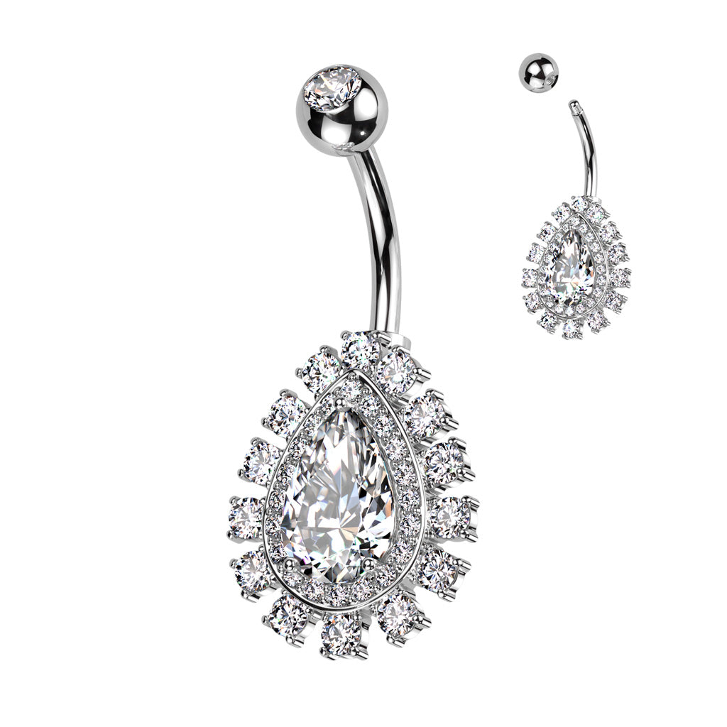 CRYSTAL TEARDROP CLUSTER BELLY BAR - 14 GAUGE - 10MM