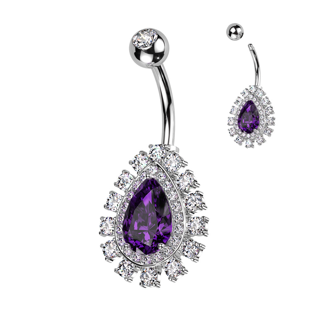 CRYSTAL TEARDROP CLUSTER BELLY BAR - 14 GAUGE - 10MM