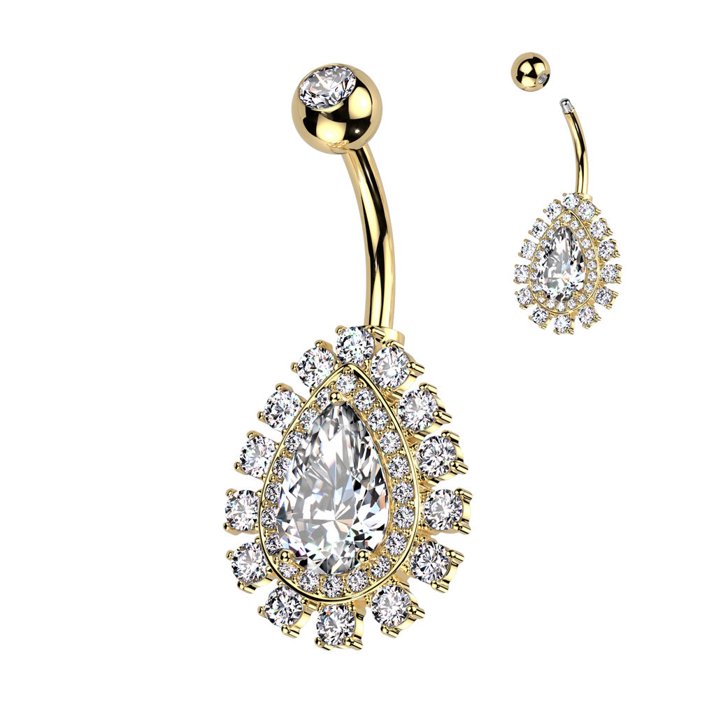 CRYSTAL TEARDROP CLUSTER BELLY BAR - 14 GAUGE - 10MM