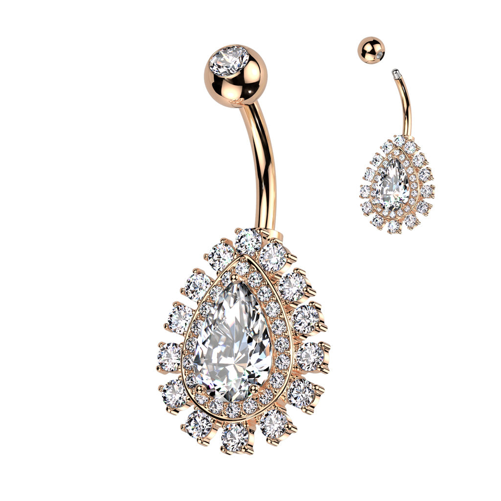 CRYSTAL TEARDROP CLUSTER BELLY BAR - 14 GAUGE - 10MM