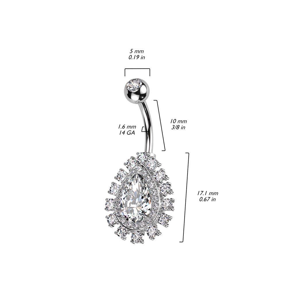 CRYSTAL TEARDROP CLUSTER BELLY BAR - 14 GAUGE - 10MM