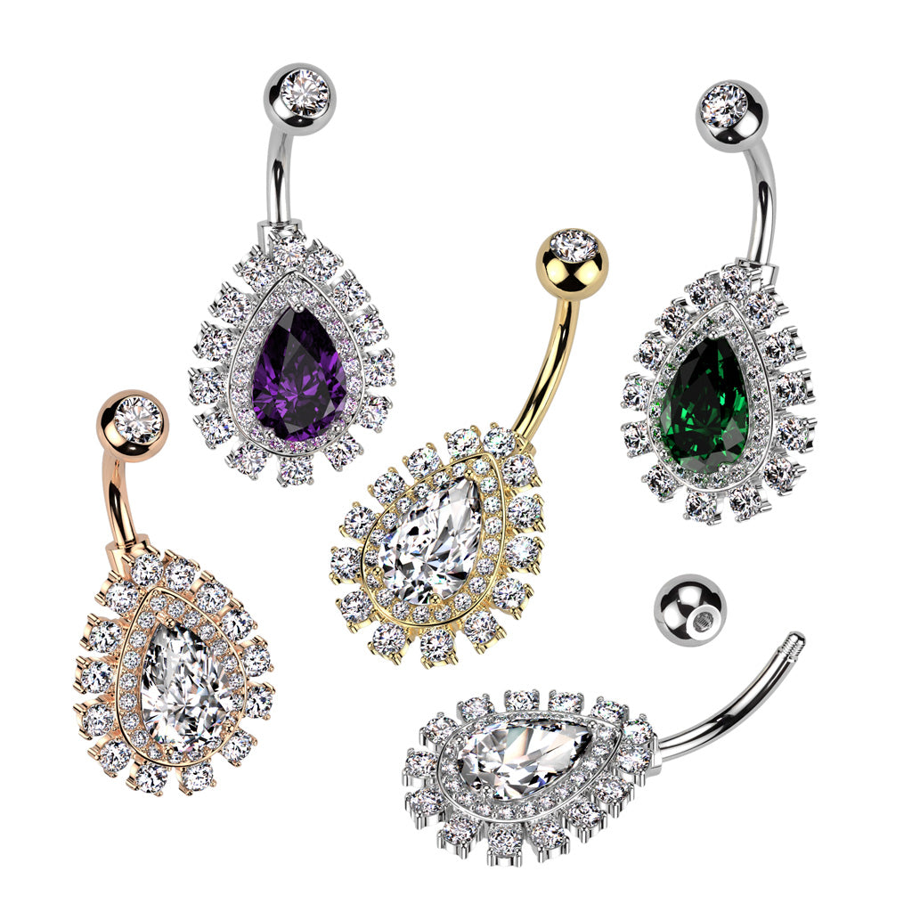 CRYSTAL TEARDROP CLUSTER BELLY BAR - 14 GAUGE - 10MM