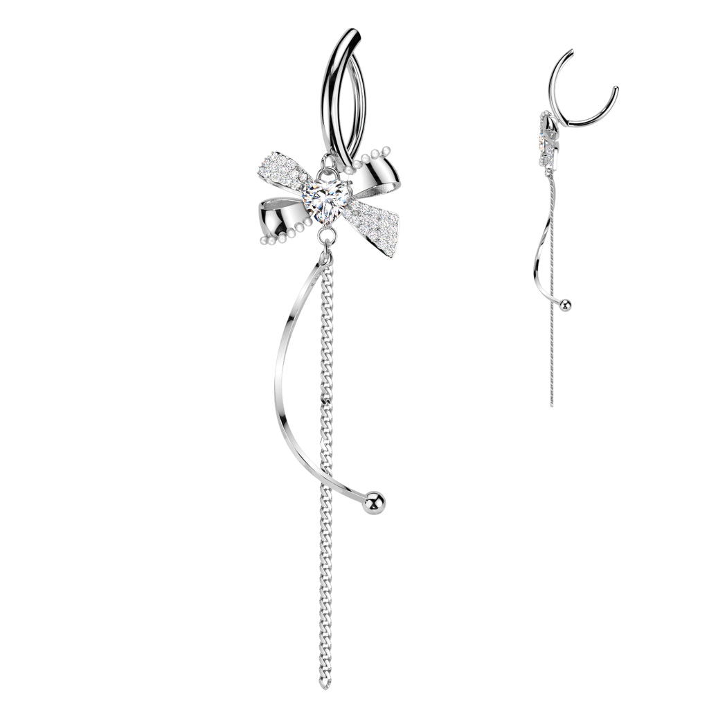 SILVER LOVE HEART & BOW DANGLY CHARM BELLY BAR CLICKER HOOP - 11MM - 14 GAUGW
