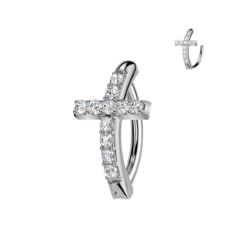 CRYSTAL CROSS BELLY HINGE CLICKER RING HOOP -12MM - 14 GAUGE