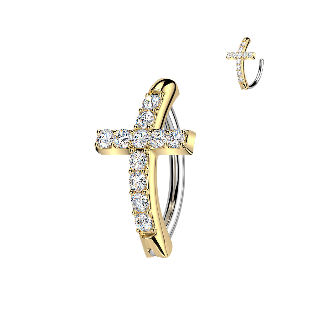 CRYSTAL CROSS BELLY HINGE CLICKER RING HOOP -12MM - 14 GAUGE