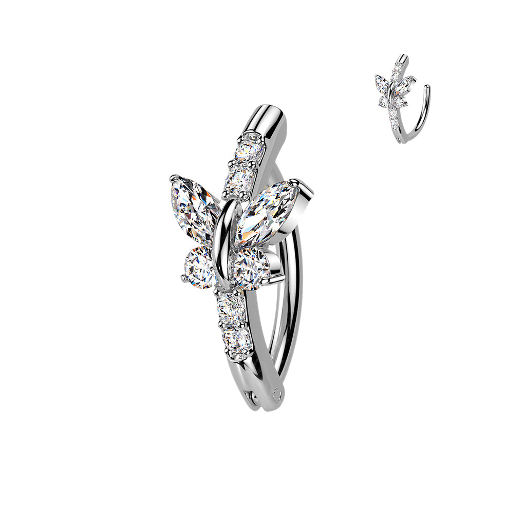SILVER CRYSTAL BUTTERFLY BELLY CLICKER HOOP - 11MM - 14 GAUGE