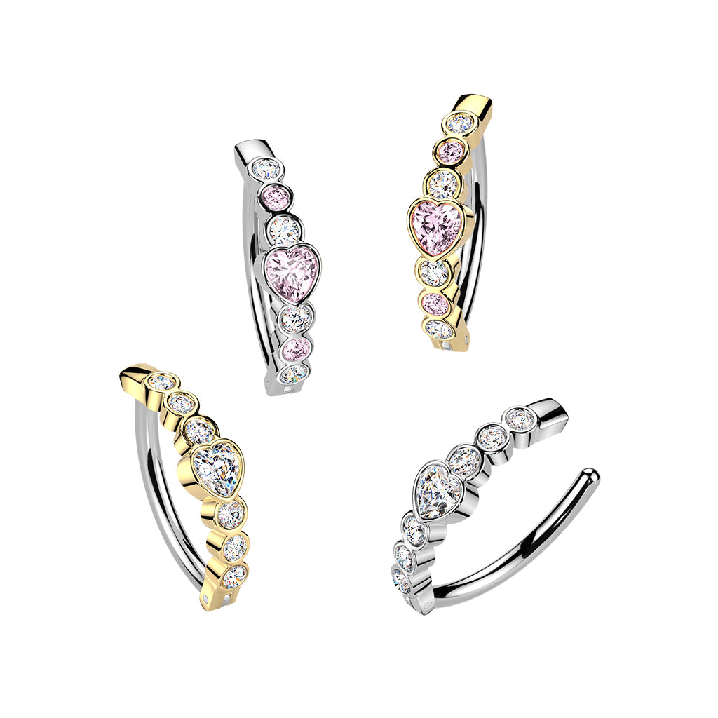 CRYSTAL LINED BELLY CLICKER WITH PINK LOVE HEART CRYSTAL - 12MM - 14 GAUGE