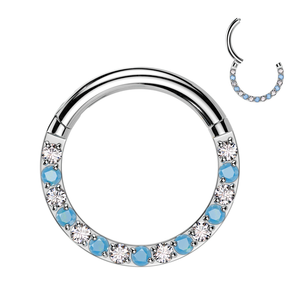 TITANIUM TURQUOISE & CRYSTAL HINGE CLOSE FASTENING 8MM HOOP - 16 GAUGE