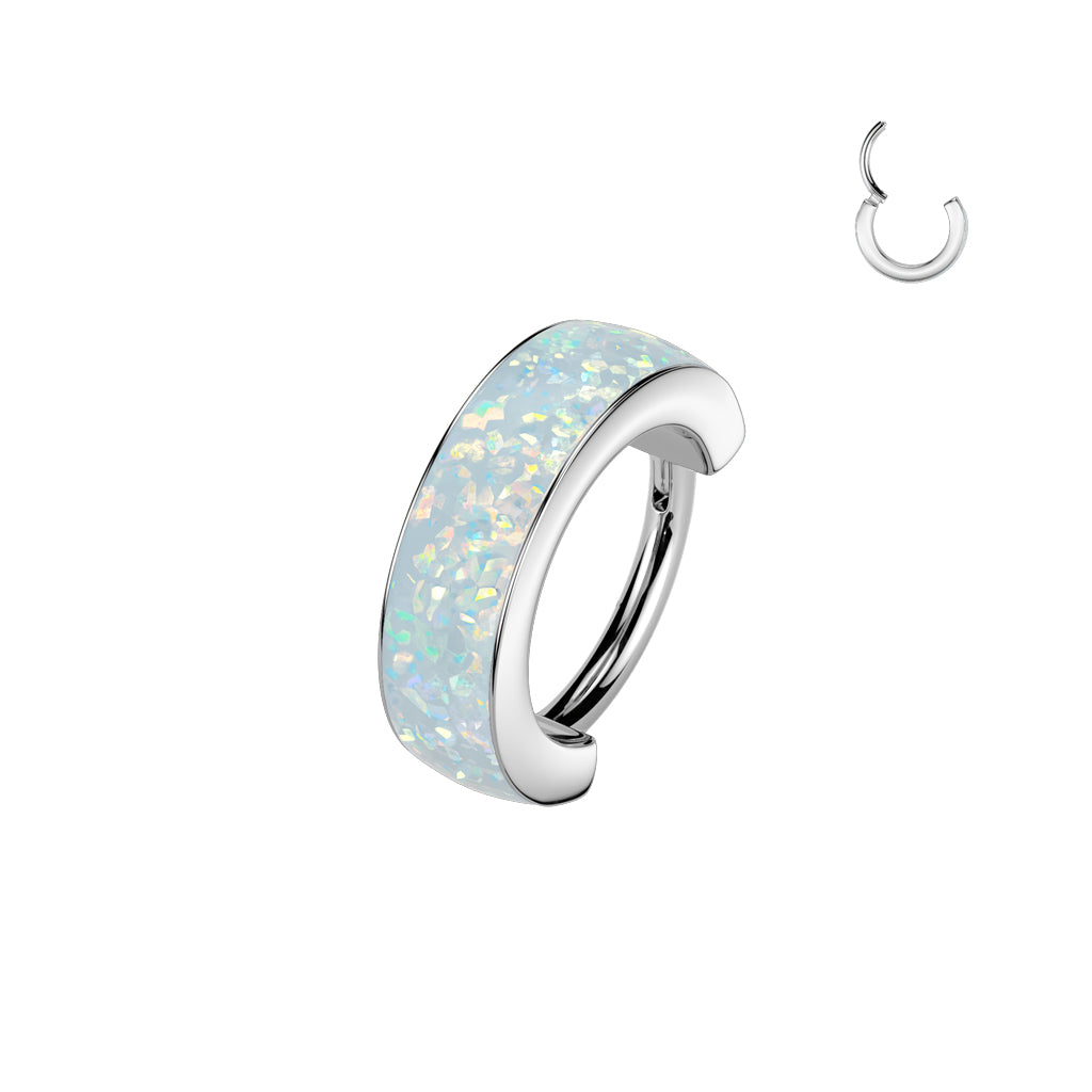 TITANIUM CHUNKY WHITE OPAL HINGE CLOSE FASTENING HOOP FOR NOSE & EAR - 20 GAUGE 8MM